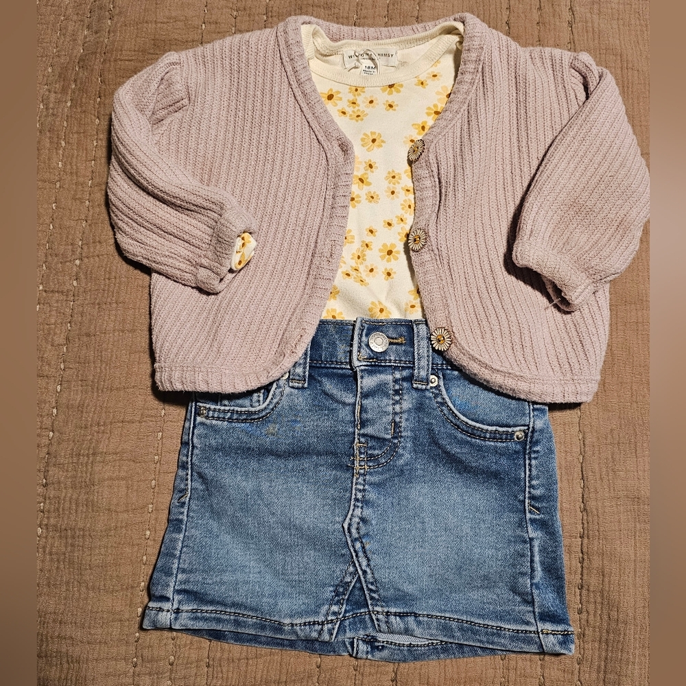 Adorable Baby Outfit with Cardigan and Denim Skirt (12-18 Bundle)